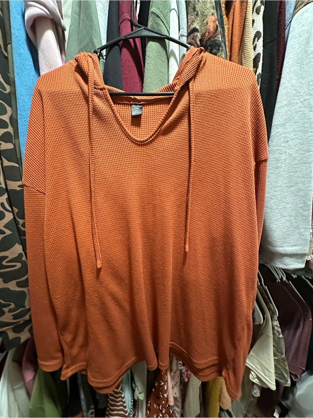 Woman’s Hooded Waffle Knit Sweater - Rust Orange
